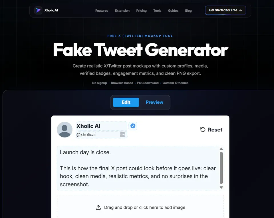 Fake Tweet Generator interface with editable tweet mockup details.