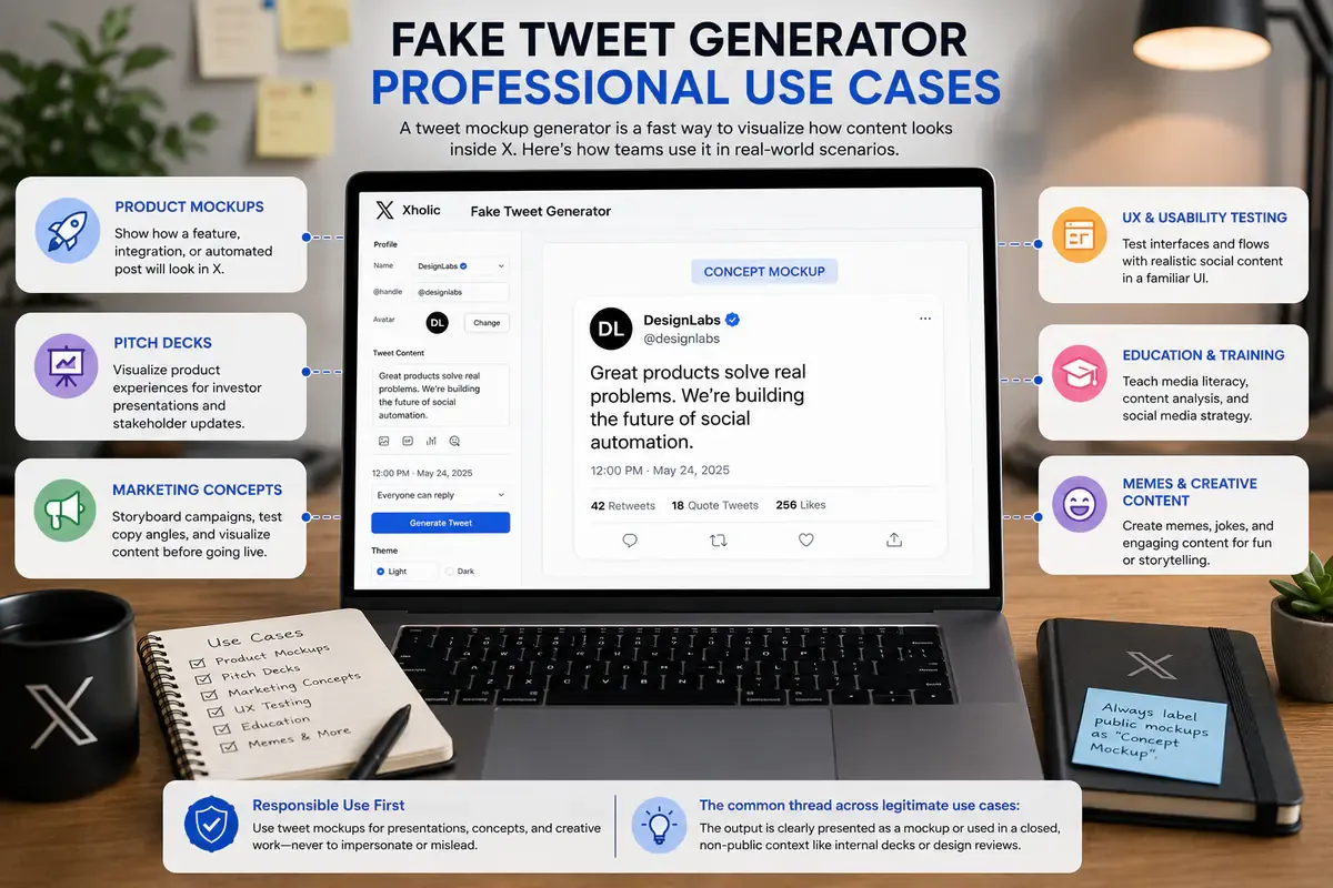 Fake tweet generator professional use cases for product mockups, pitch decks, marketing concepts, UX testing, education, and memes.