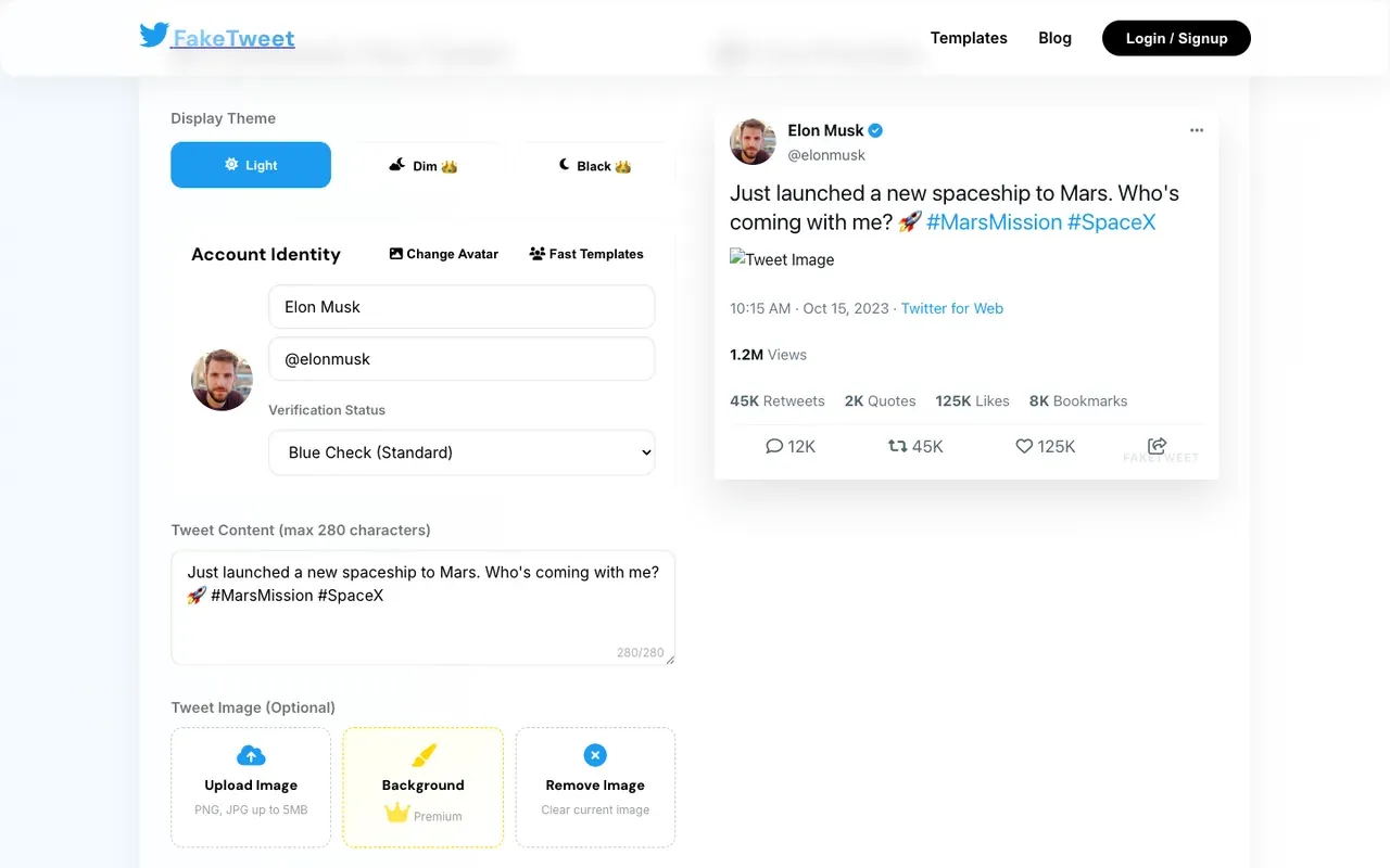 FakeTweet generator editor with tweet preview and template controls