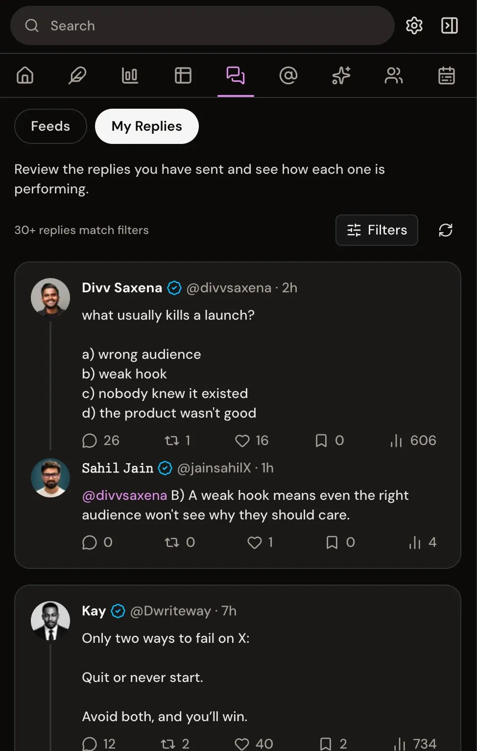 The My Replies tab tracking how each sent reply performs