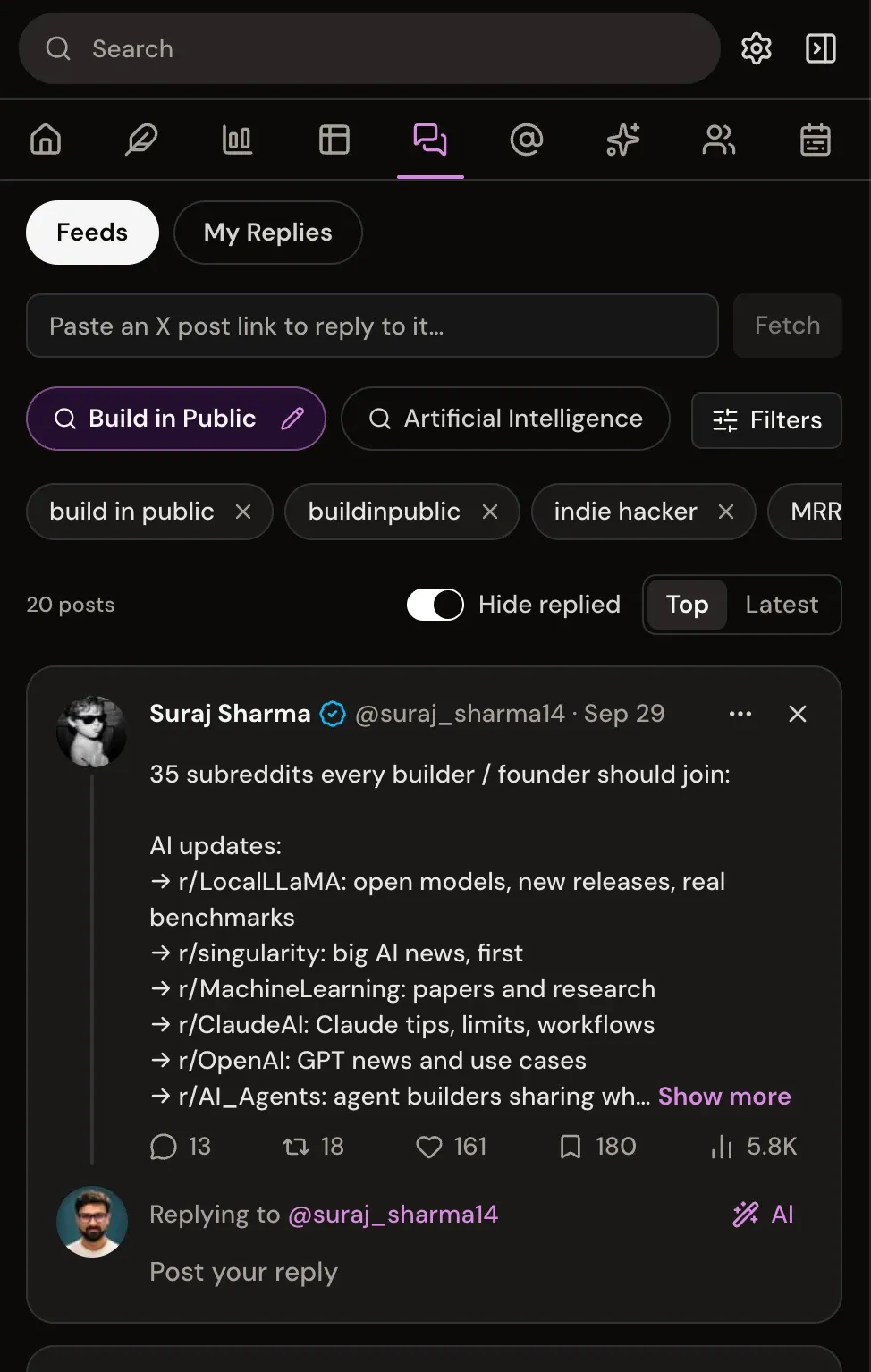 Xholic topic feeds with keyword filters and an inline reply box