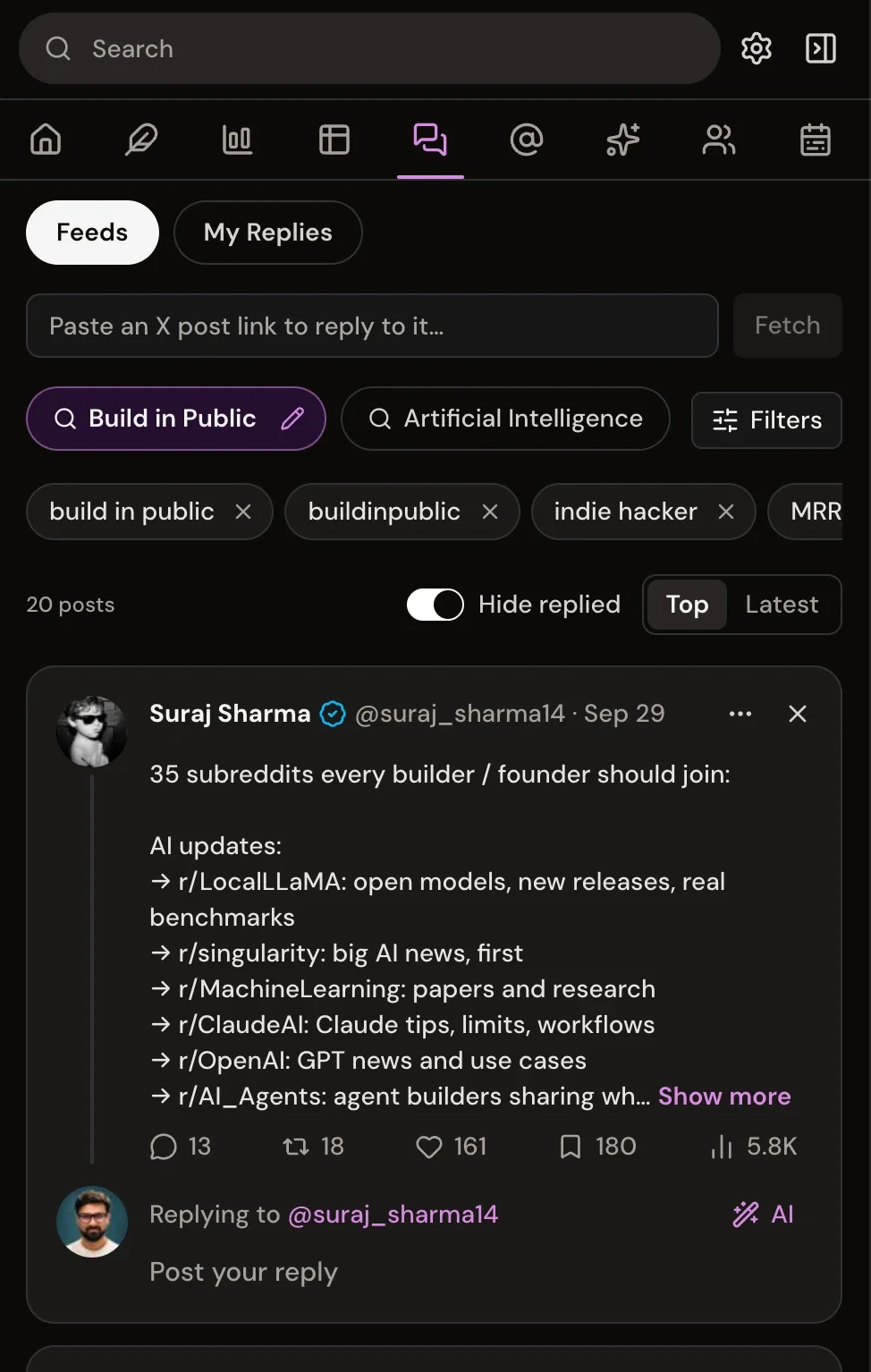 Xholic topic feeds with keyword filters and an inline reply box