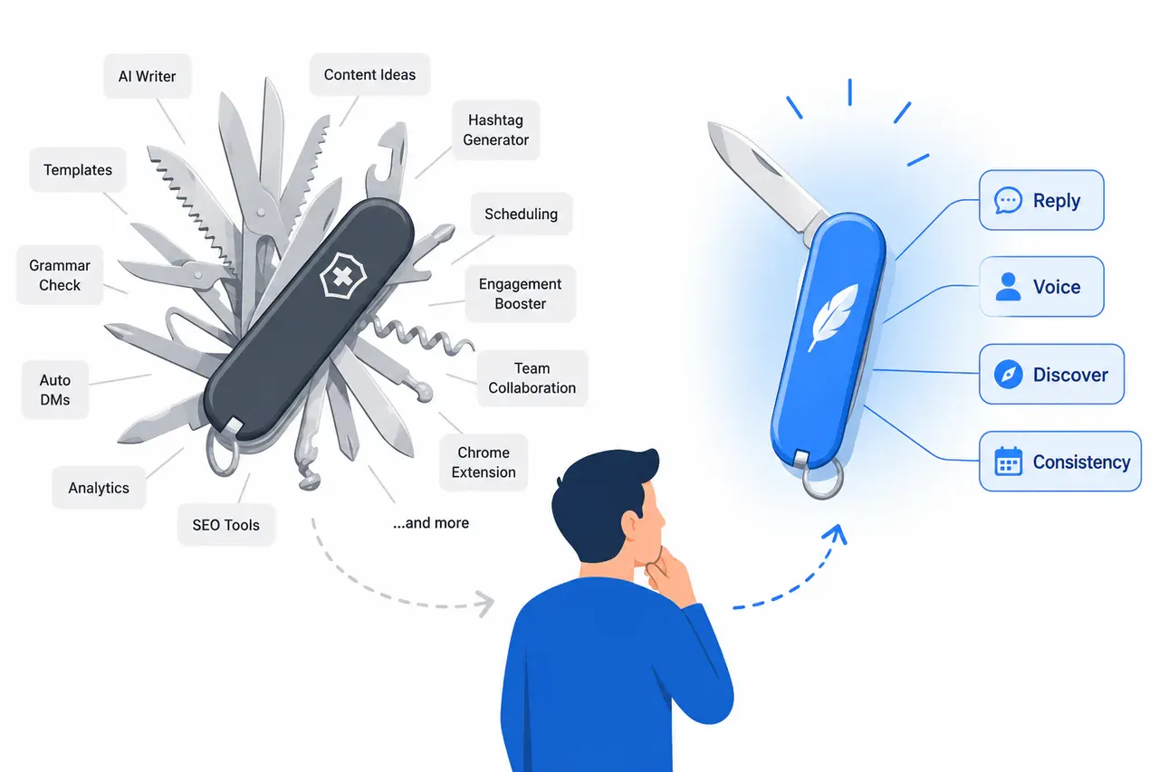 A creator choosing a focused Xholic AI toolkit for replies, voice, discovery, and consistency instead of a crowded all-in-one tool.