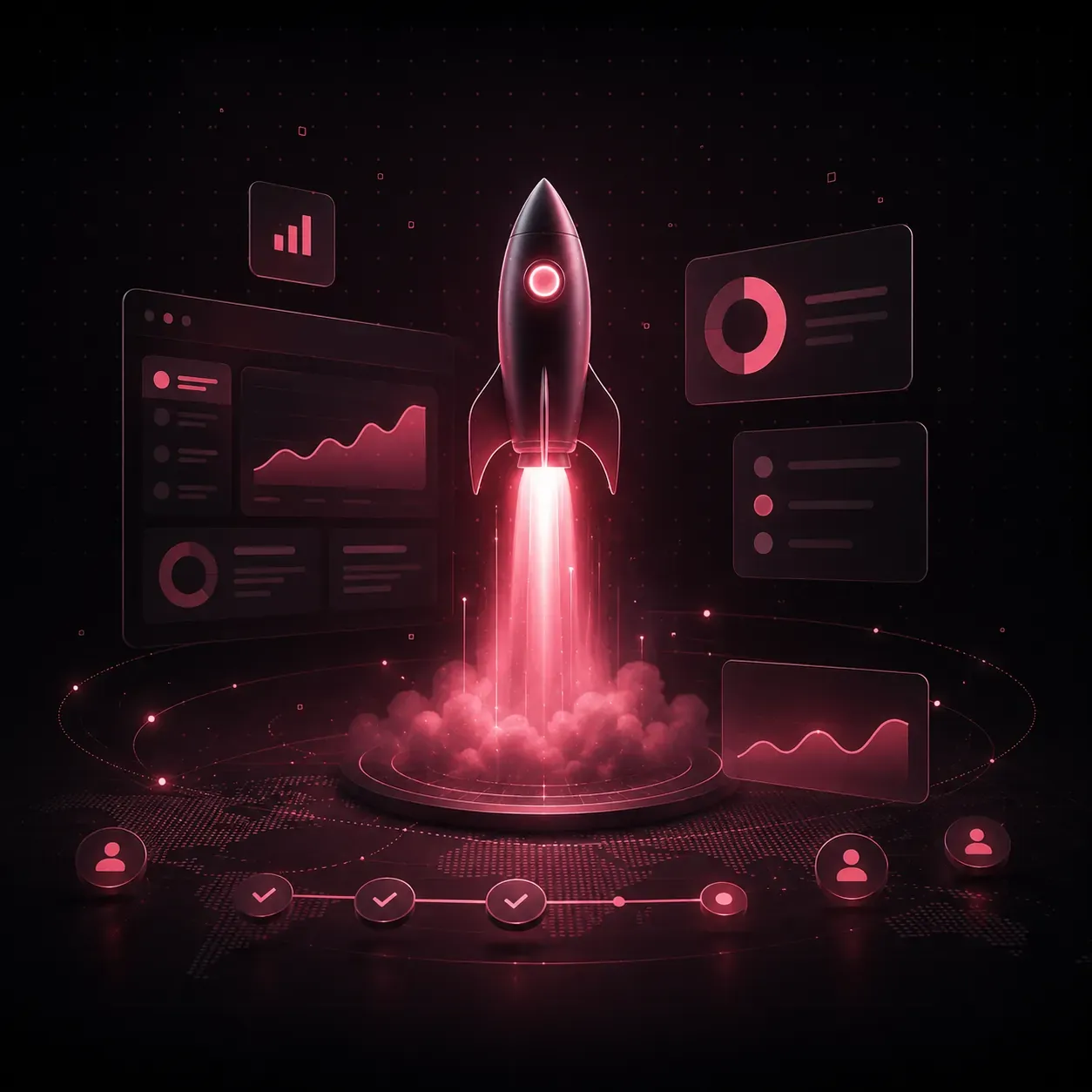 Founder workspace with product boards and growth visuals in a dark red interface.