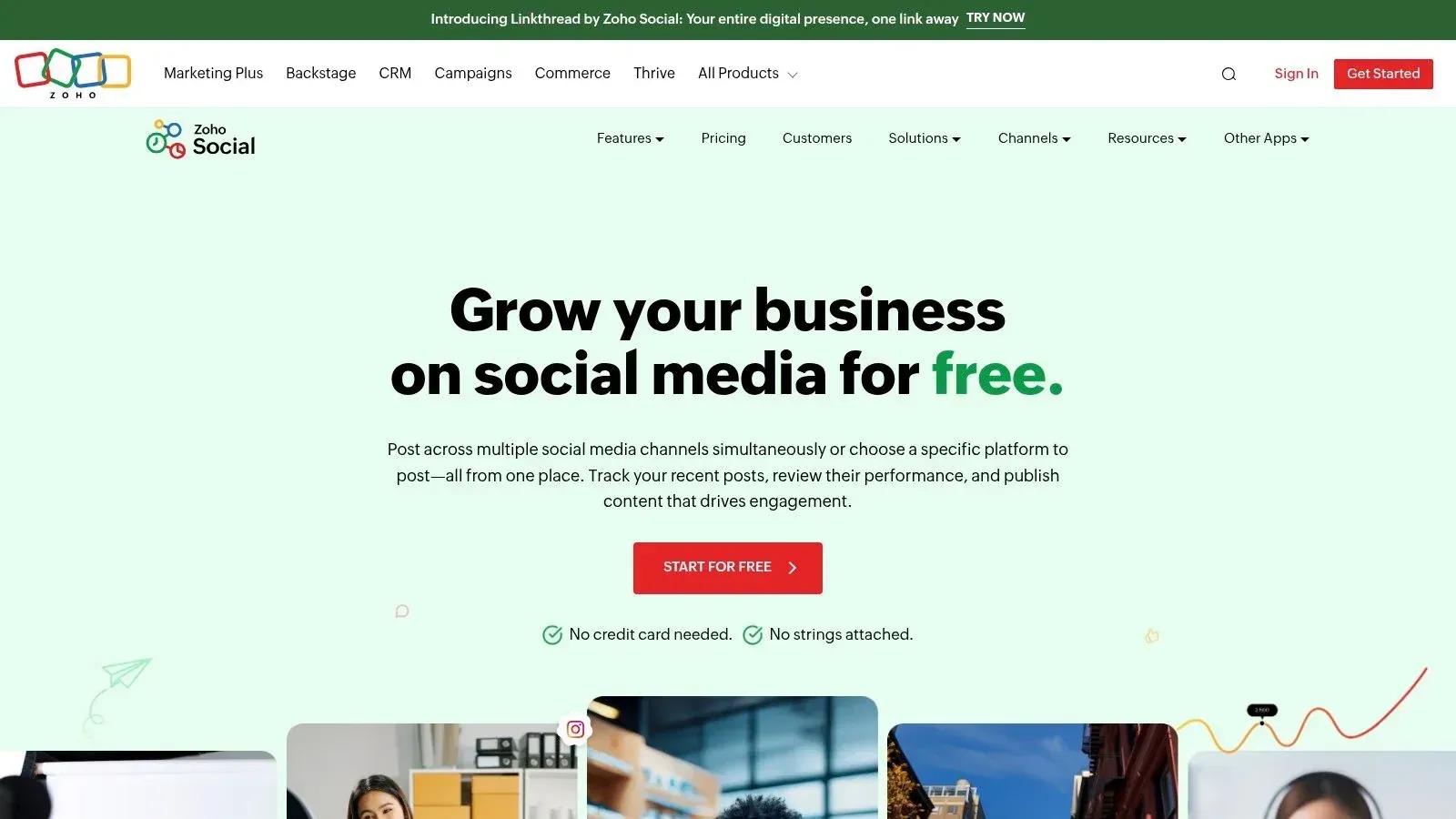 Zoho Social free social media scheduler homepage