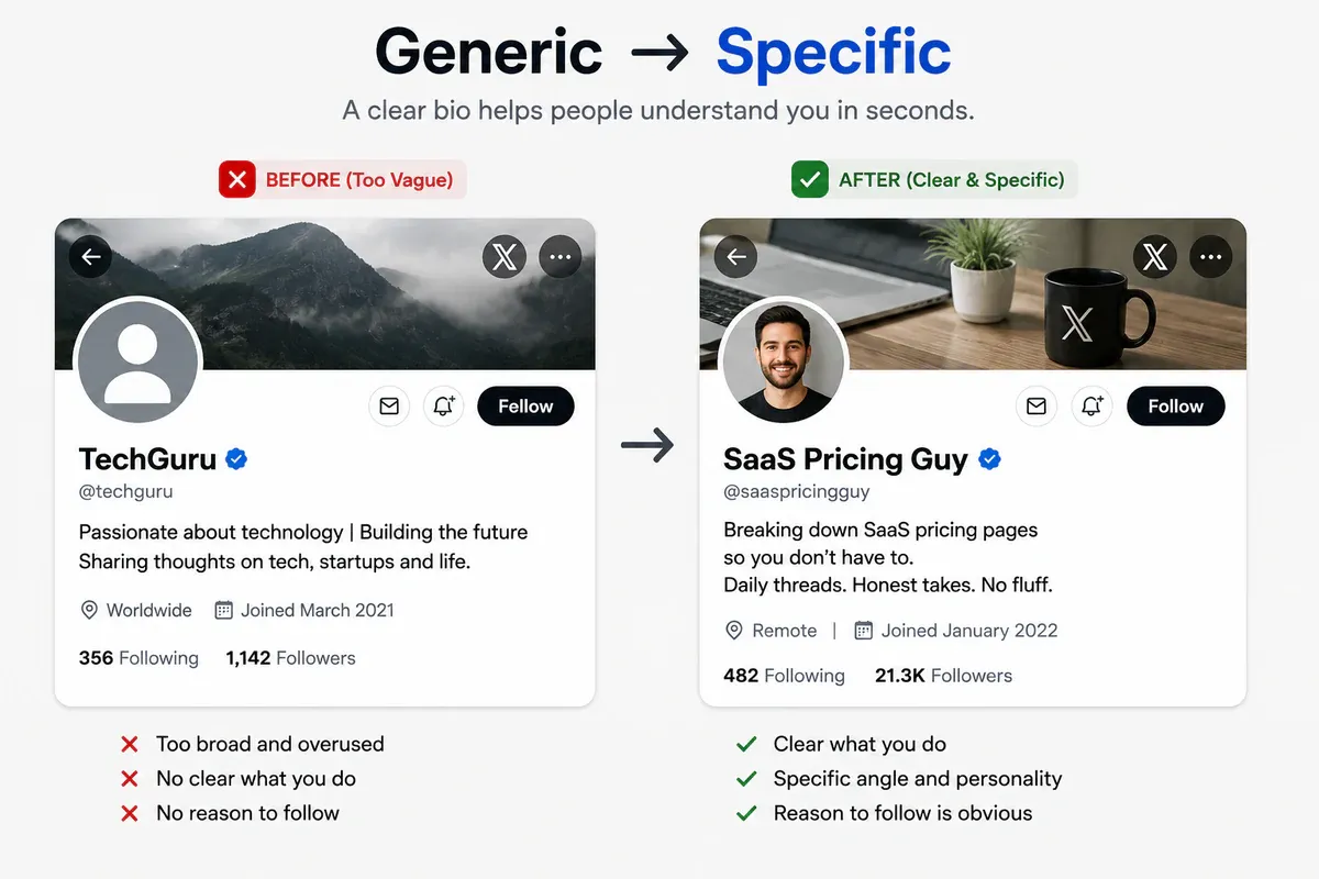 Before-and-after X profiles showing how a generic bio becomes clear and specific.