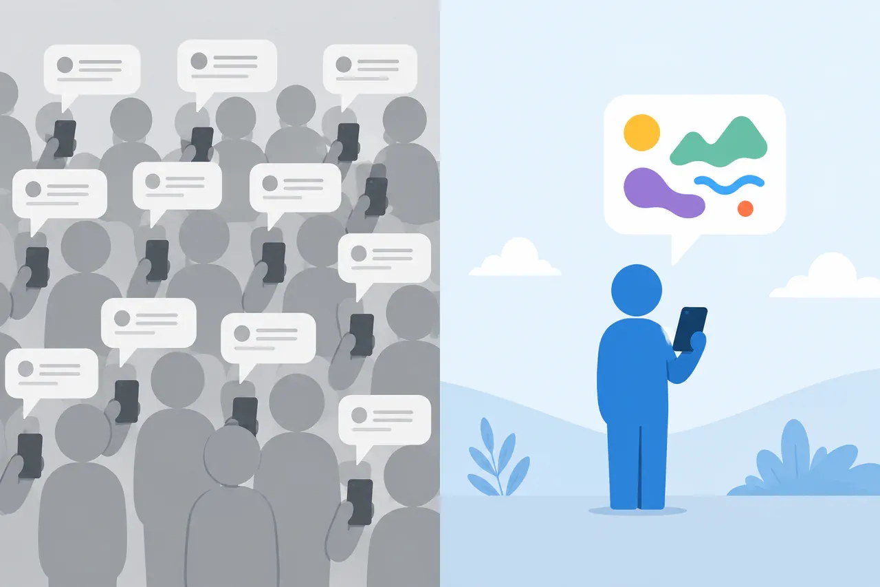 A split illustration showing generic gray social chatter compared with a distinct blue creator voice.