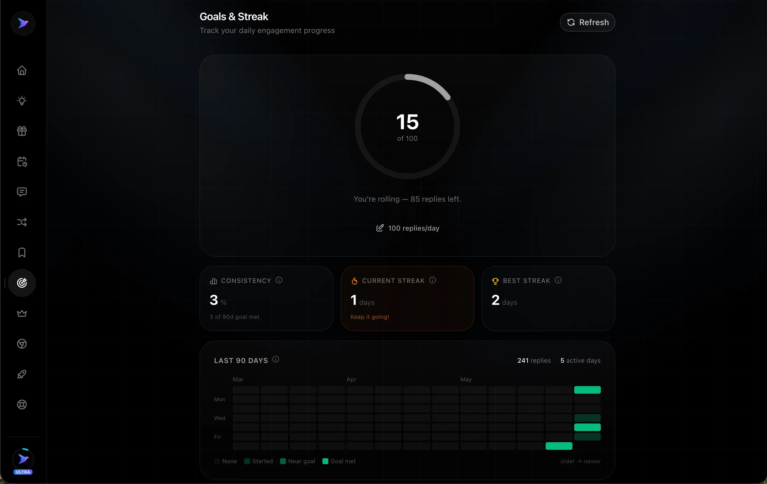 Xholic AI goals and streaks preview.
