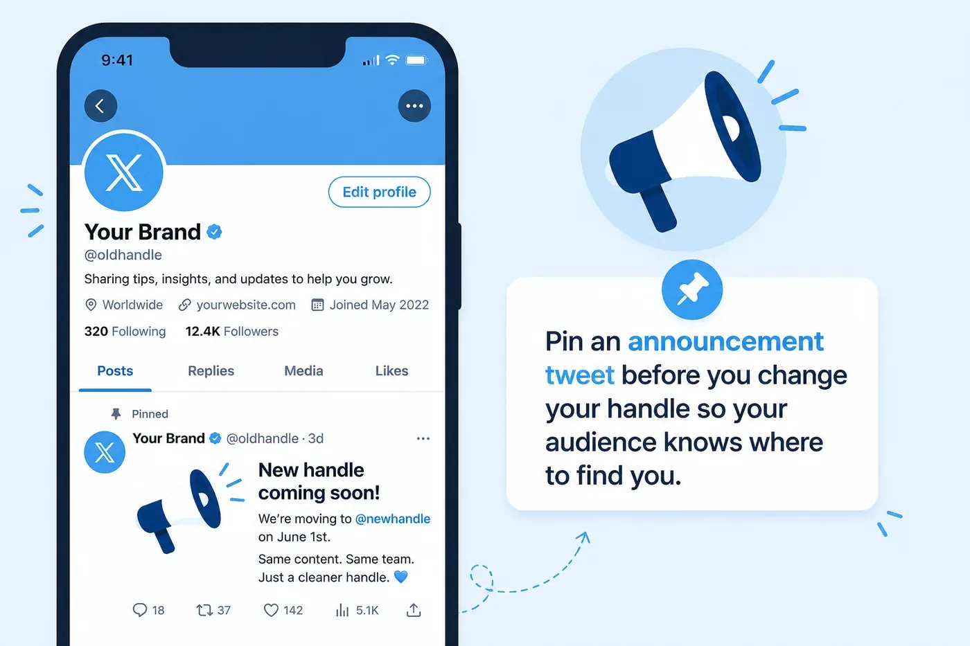 Twitter handle change announcement and pinned post reminder graphic.