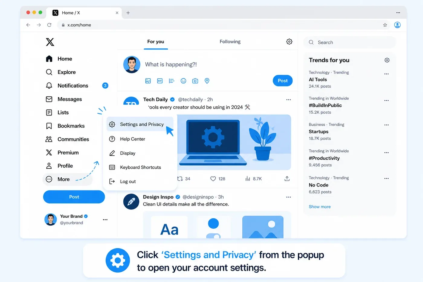 Desktop X settings menu showing Settings and privacy.