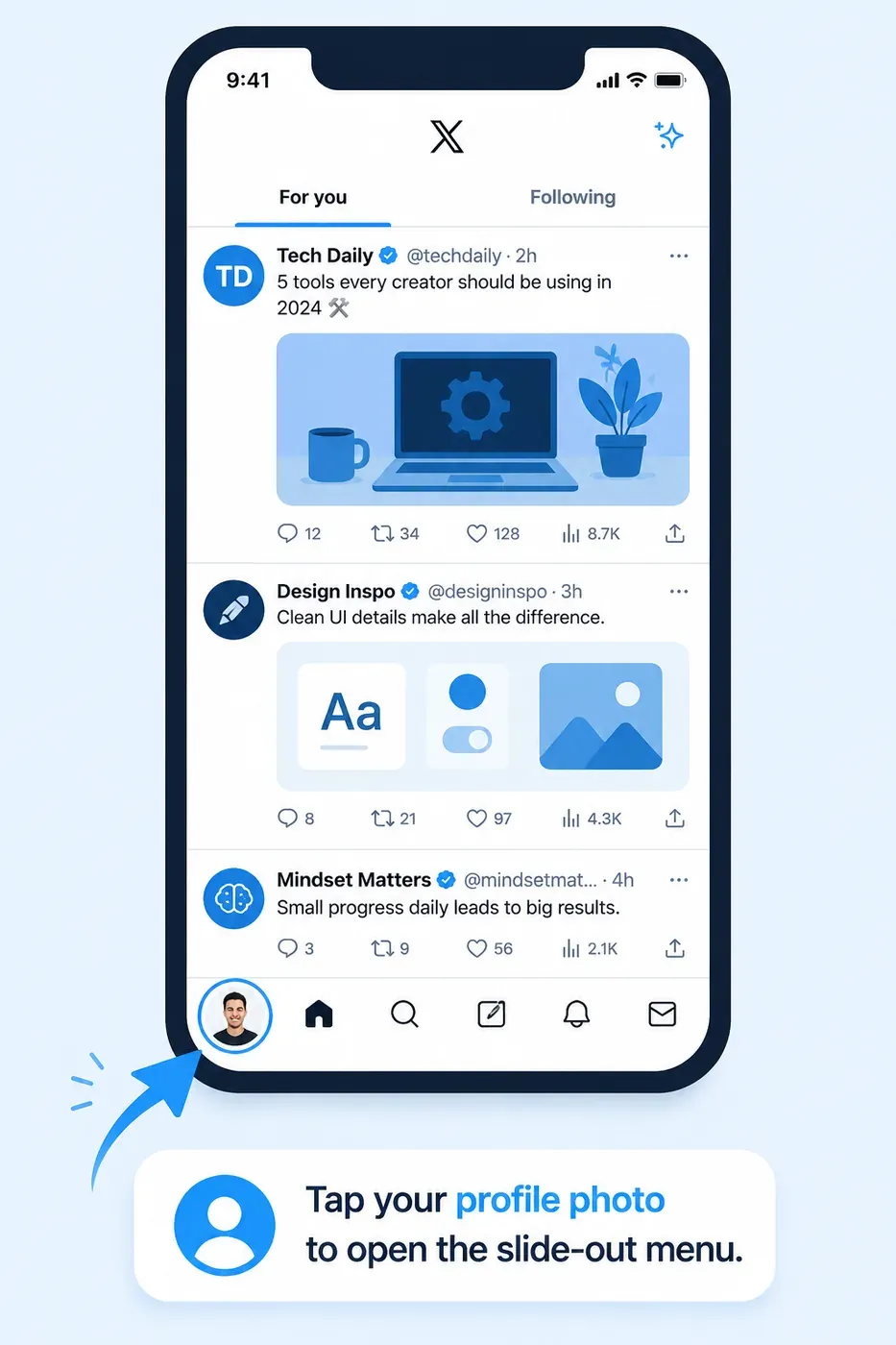 Mobile X app profile menu showing where to open account settings.