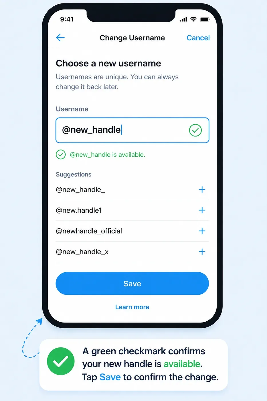 Mobile username settings screen for checking a new Twitter handle.