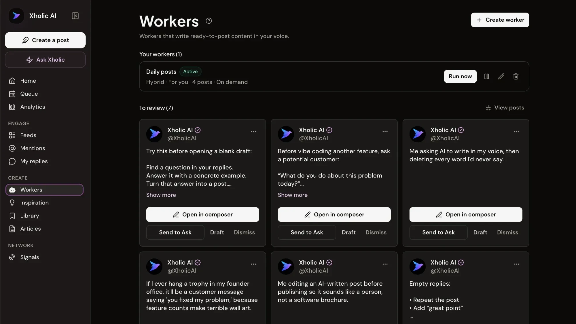 The Xholic Workers page with seven drafted posts waiting for review