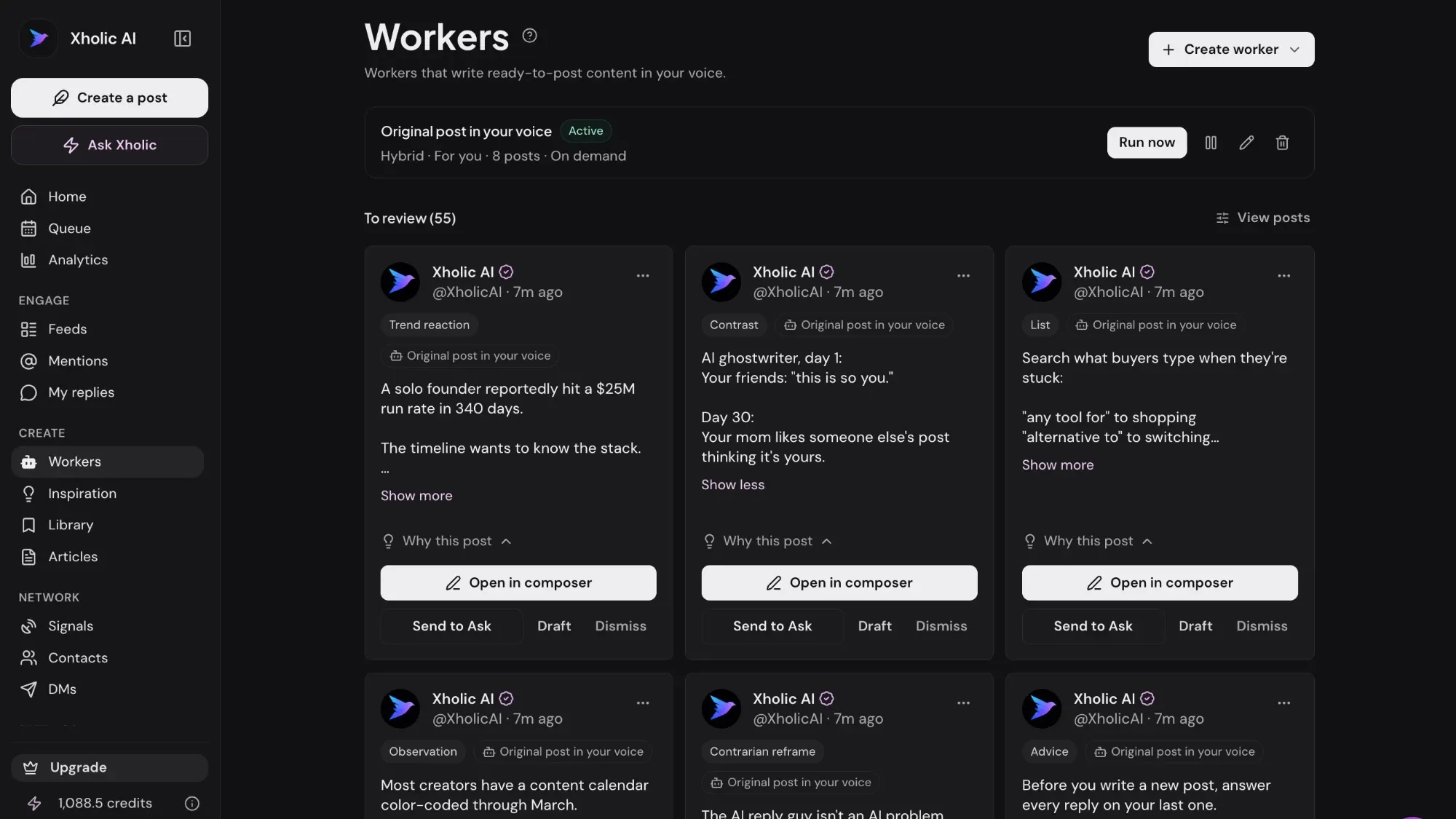 Xholic Workers page with an active worker writing original posts in your voice and review-ready drafts you can open in the composer, send to Ask Xholic, save as a draft or dismiss.