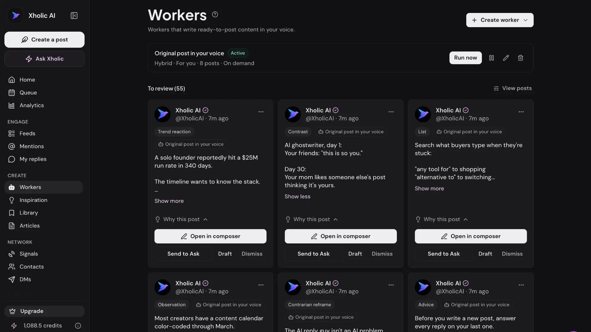 Xholic Workers page with an active worker writing original posts in your voice and review-ready drafts you can open in the composer, send to Ask Xholic, save as a draft or dismiss.