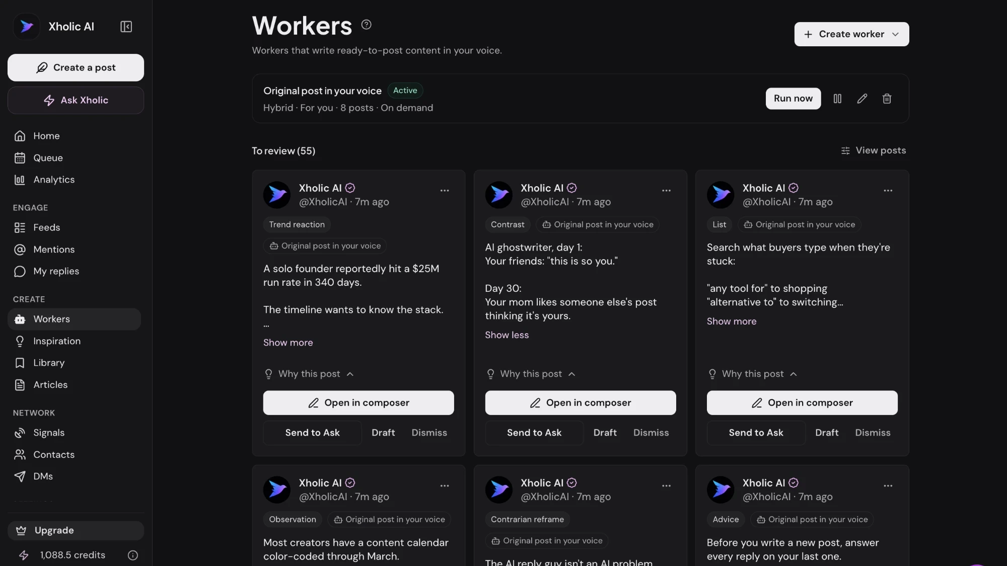 Xholic's Workers page with an active worker and 55 drafted posts in your voice waiting for review, each ready to open in the composer.