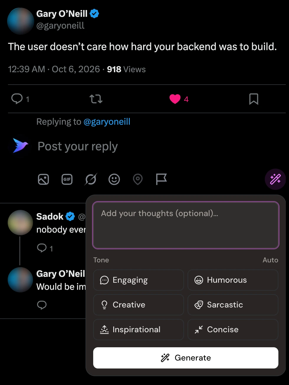 The Xholic Chrome extension on x.com: the reply wand opens a panel under an X post with tone choices and a Generate button.