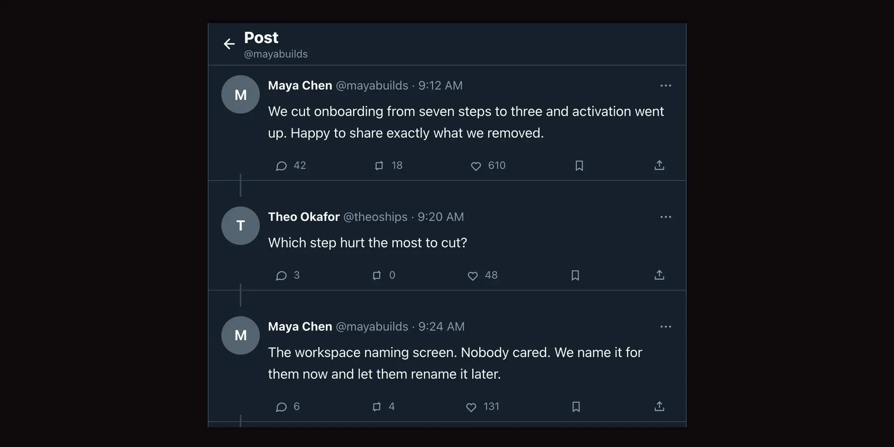 A Dim-theme X reply chain mockup made with Xholic's Reply Chain Generator: Maya Chen posts about cutting onboarding steps, Theo Okafor asks which step hurt most, and Maya replies.