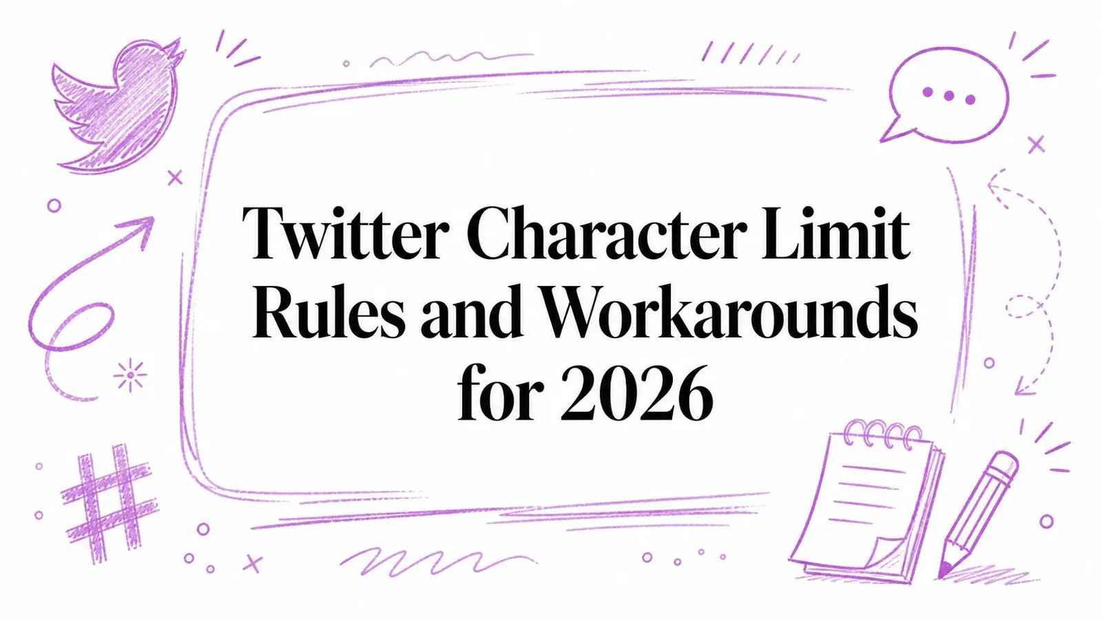 Twitter Character Limit Rules and Workarounds for 2026 title surrounded by purple hand-drawn illustrations.