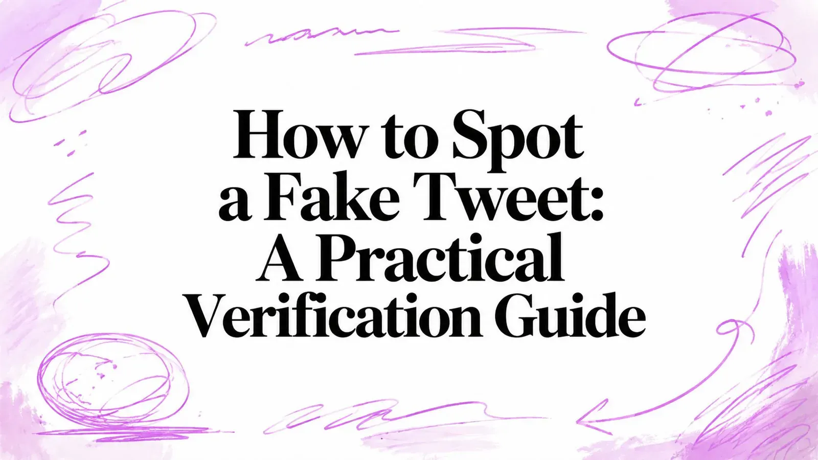 How to Spot a Fake Tweet: A Practical Verification Guide title surrounded by purple hand-drawn shapes.