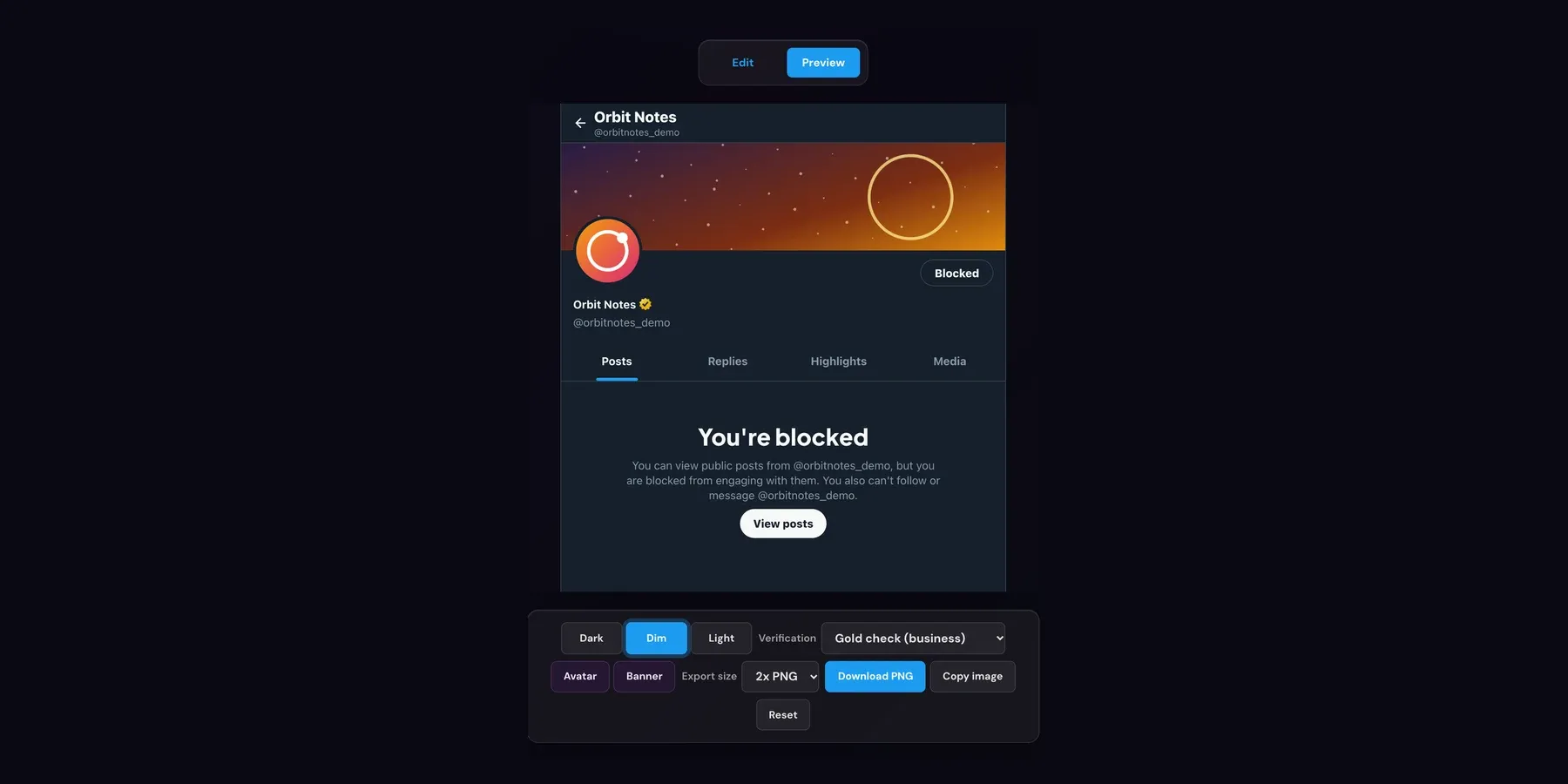 Xholic's Block Screen Generator in Preview mode showing a Dim-theme X profile for the fictional account Orbit Notes, with a Blocked pill and the You're blocked notice, and theme and export controls below.