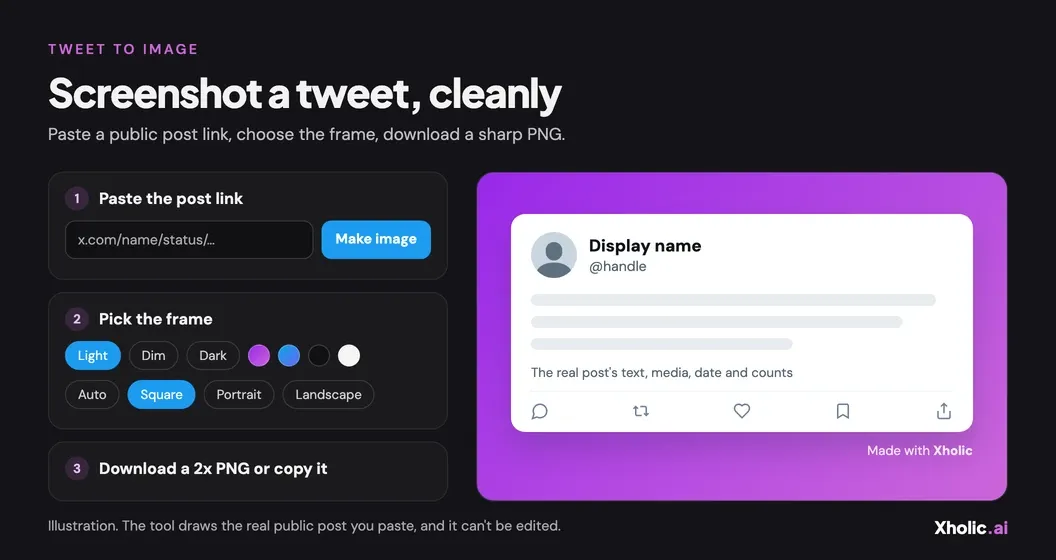 Illustration of Tweet to Image: paste a post link, pick the theme, background and shape, then download a 2x PNG. A placeholder post card sits on a violet gradient with a small “Made with Xholic” mark.