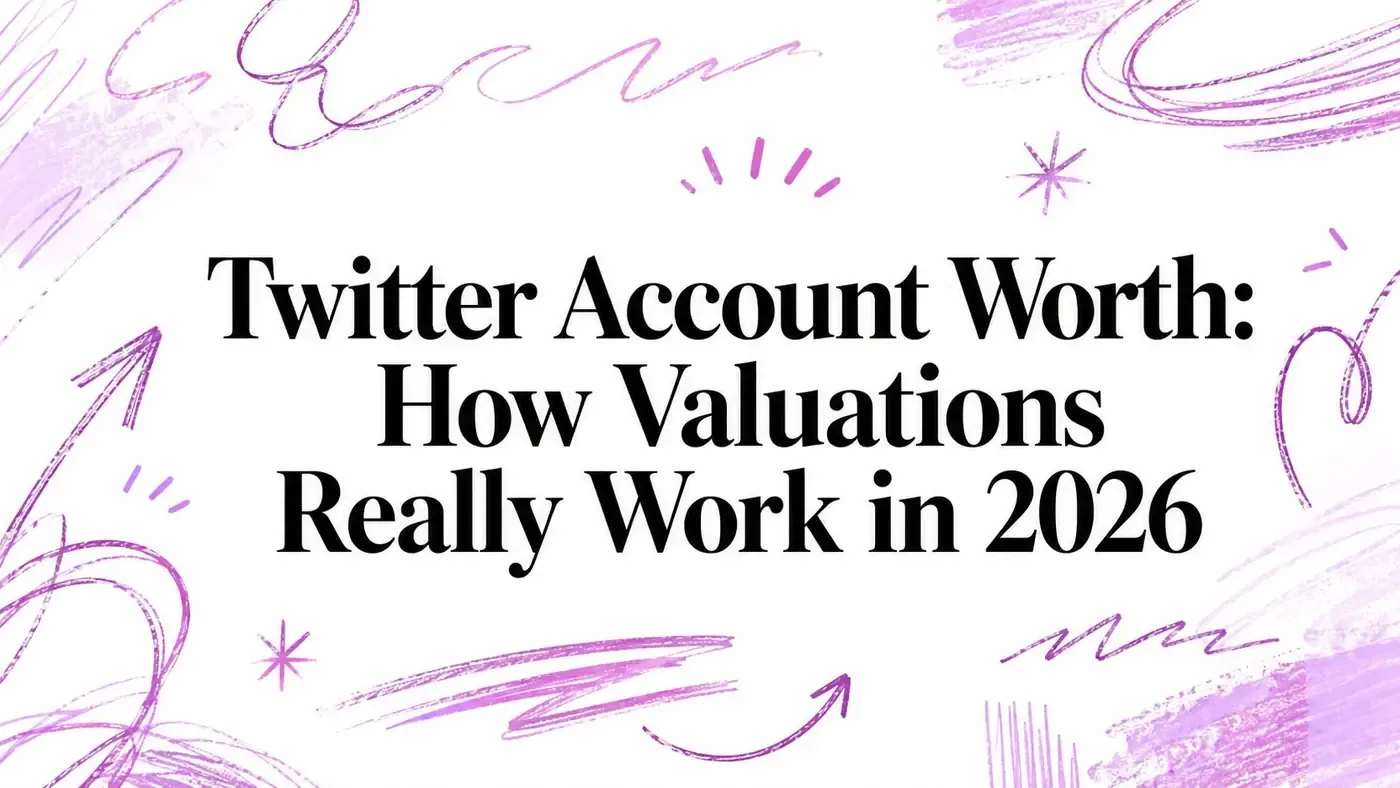Twitter Account Worth: How Valuations Really Work in 2026 hero graphic with purple hand-drawn arrows and accents.