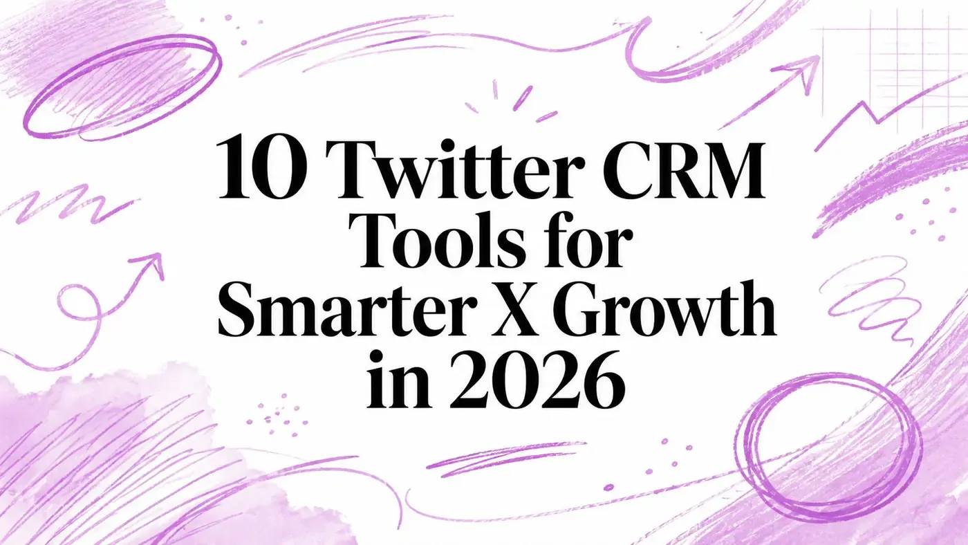 10 Twitter CRM Tools for Smarter X Growth in 2026 title surrounded by purple hand-drawn growth sketches.