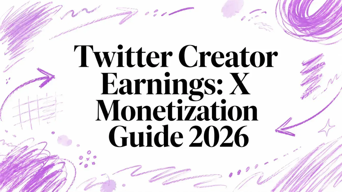 Twitter Creator Earnings: X Monetization Guide 2026 title surrounded by purple hand-drawn accents.