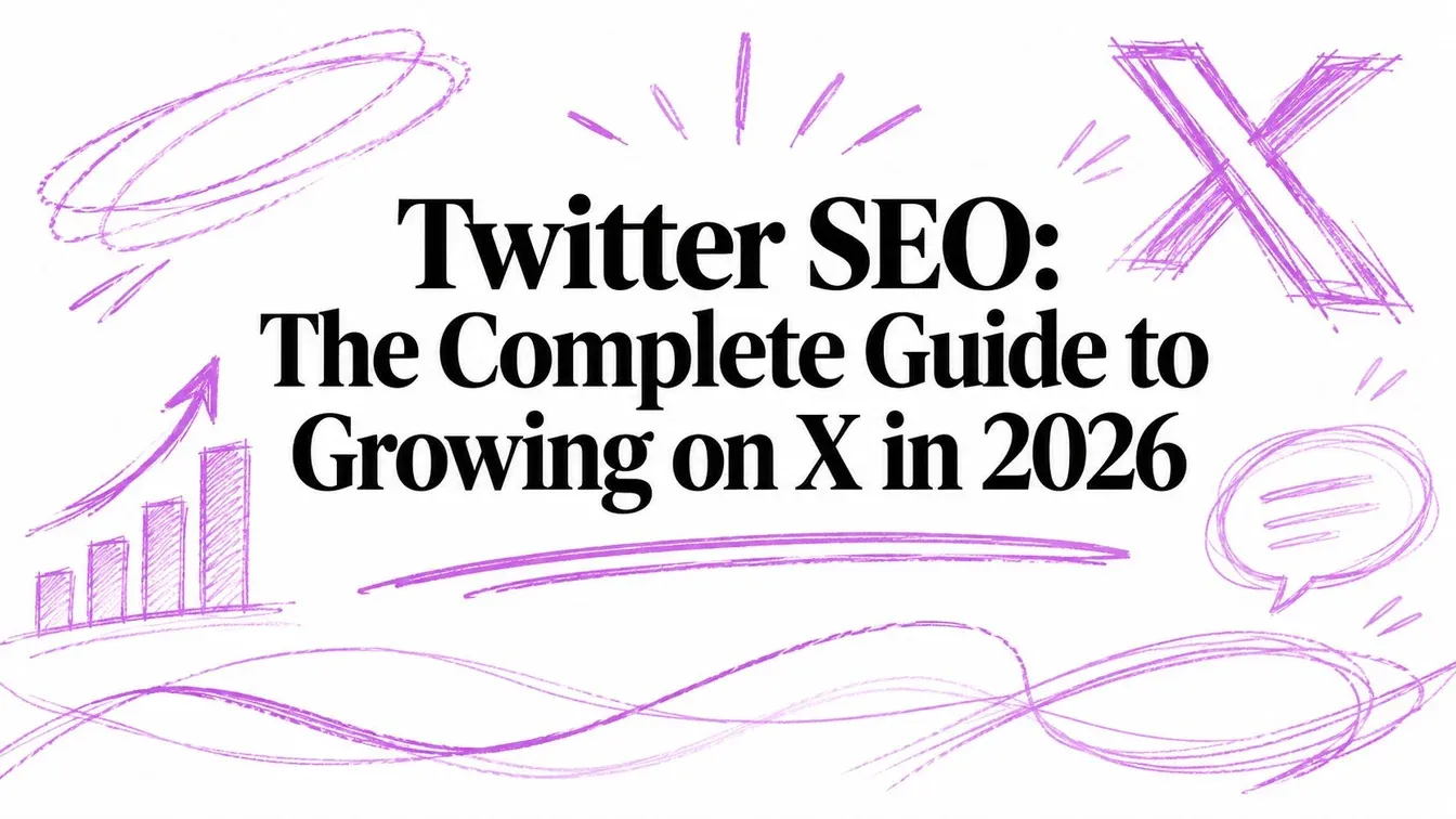 Twitter SEO: The Complete Guide to Growing on X in 2026 title surrounded by purple growth and search sketches.