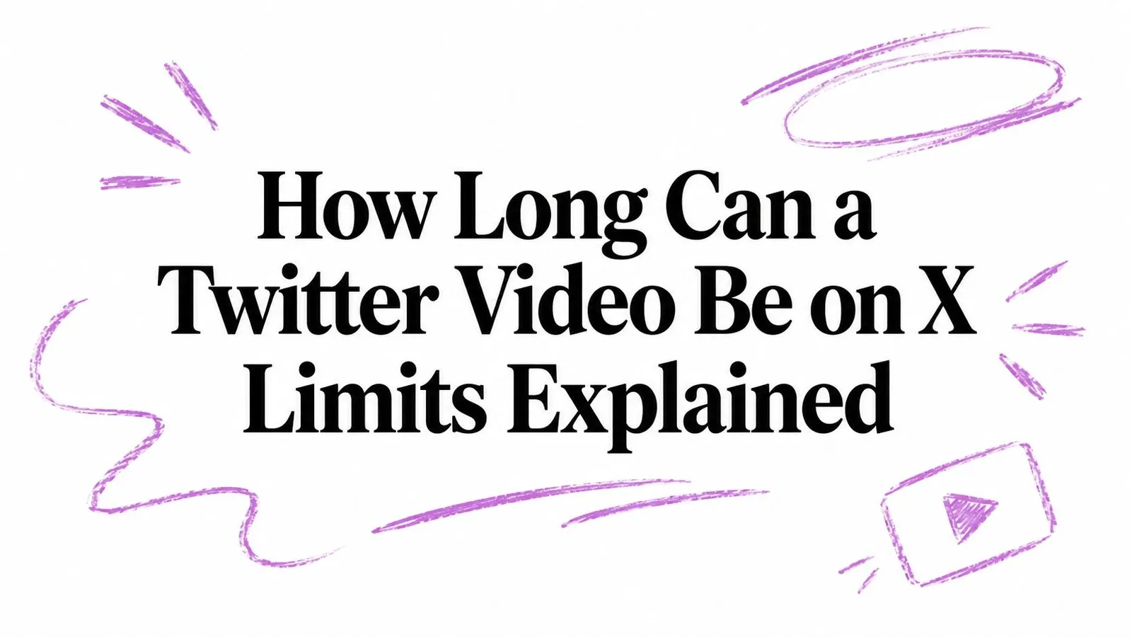 How Long Can a Twitter Video Be on X Limits Explained title surrounded by purple hand-drawn sketch marks and a video play icon.