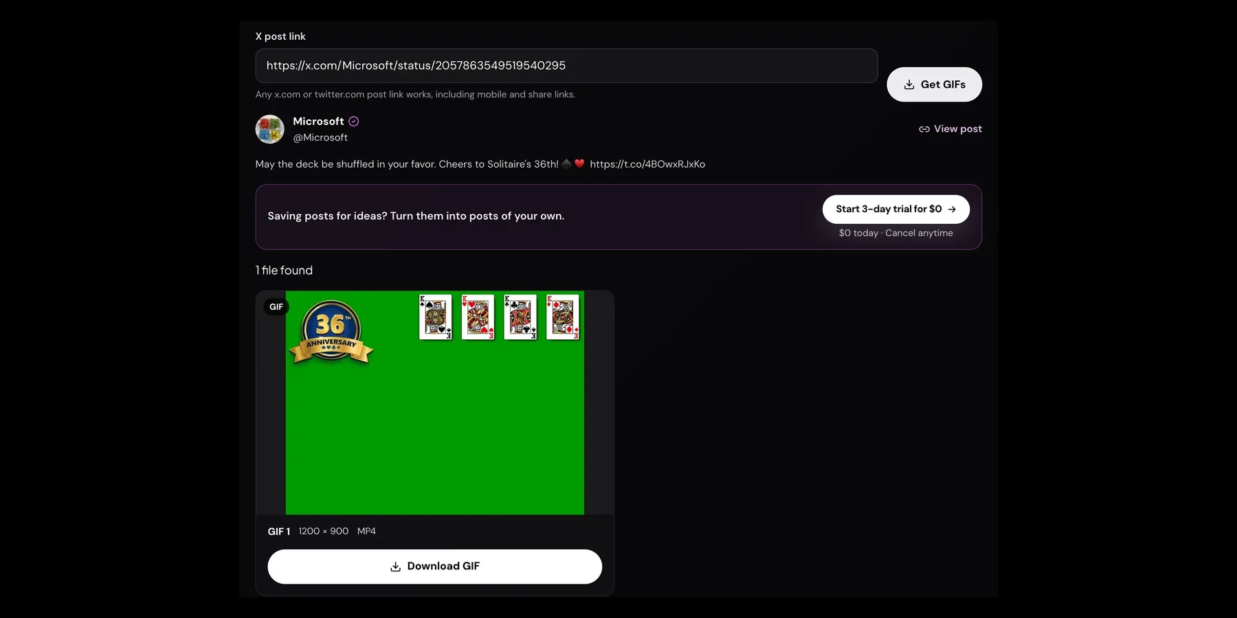 Xholic's Twitter GIF Downloader showing a public Microsoft post with one GIF found, listed as 1200 by 900 MP4, and a Download GIF button.