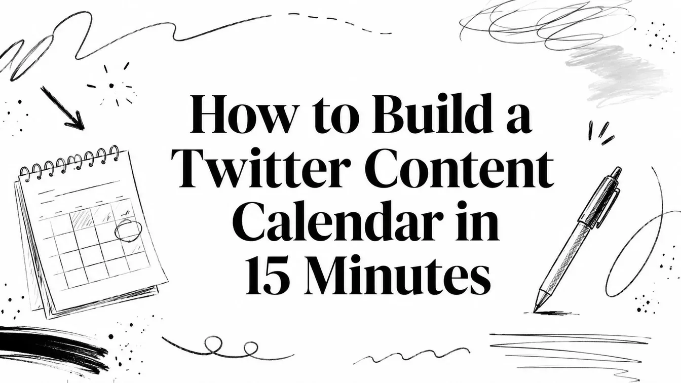 How to Build a Twitter Content Calendar in 15 Minutes title surrounded by hand-drawn calendar and planning illustrations.
