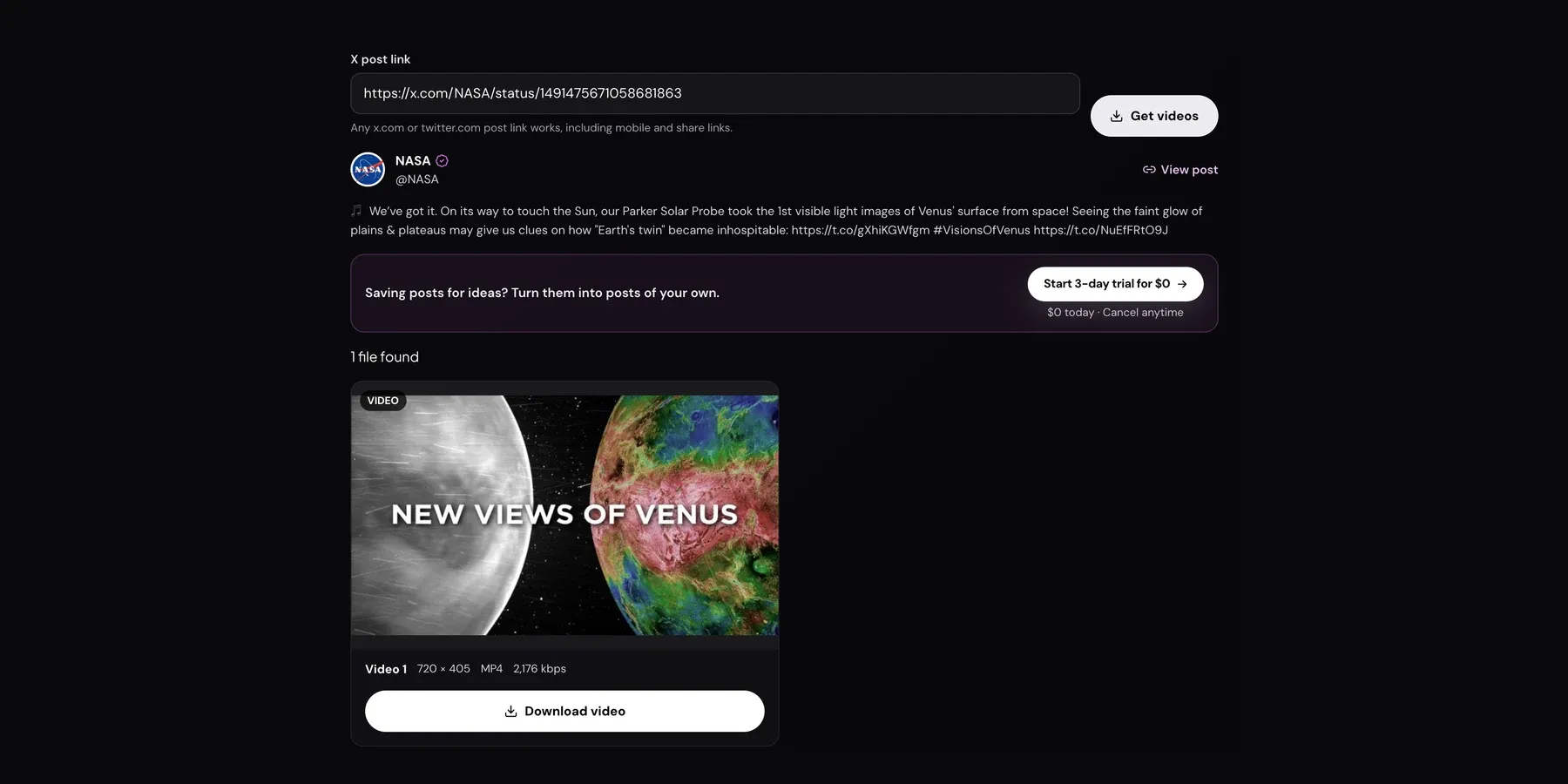 Xholic's Twitter Video Downloader showing a public @NASA post about Venus, with one MP4 video found and a Download video button.
