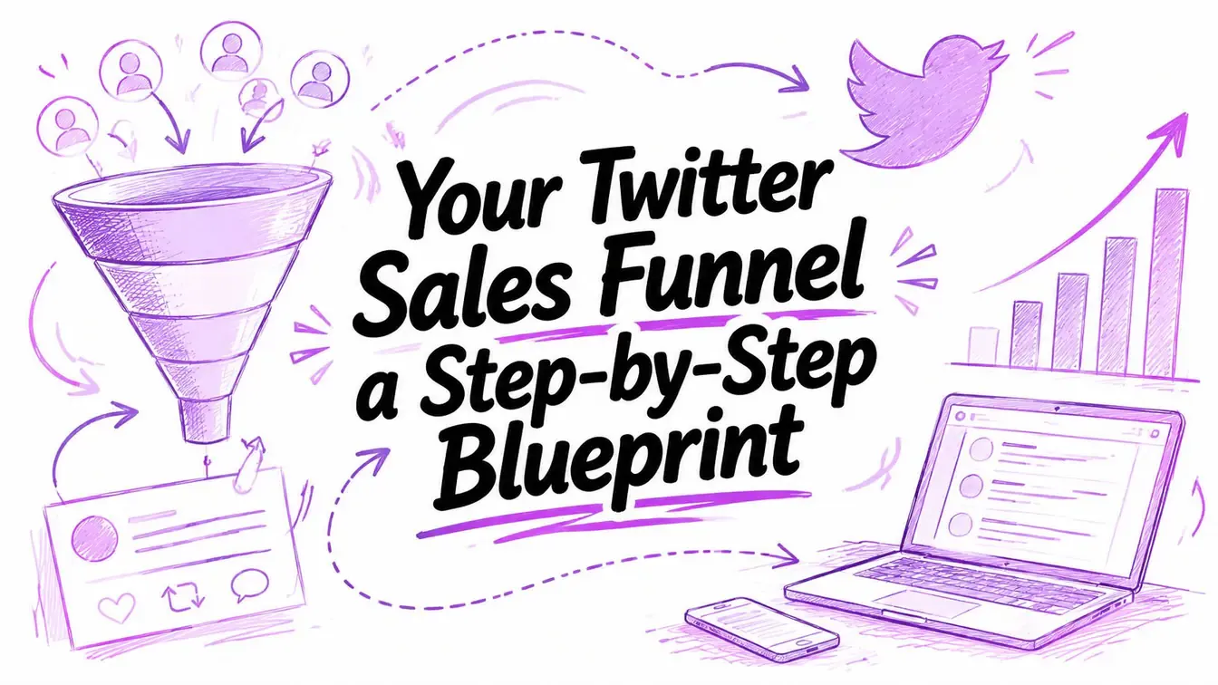 Your Twitter Sales Funnel: A Step-by-Step Blueprint title surrounded by purple hand-drawn sales funnel illustrations.