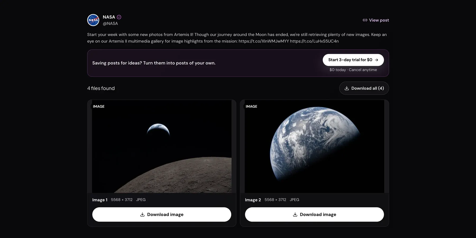 Xholic's Twitter Image Downloader showing a four-photo @NASA Artemis II post, with each image listed at 5568 × 3712 JPEG and a Download all (4) button.