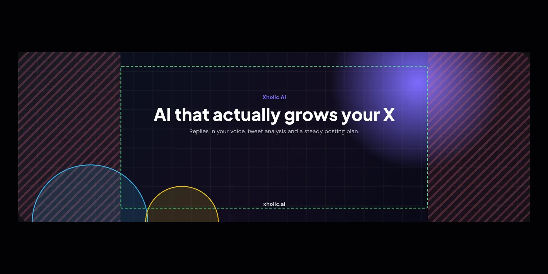 Live preview in Xholic's Twitter Banner Maker with the safe-area guides on: the centred headline AI that actually grows your X inside a dashed green box, hatched red strips on both sides that phones cut off, and blue and yellow circles in the lower left marking the profile photo on desktop and on phones.