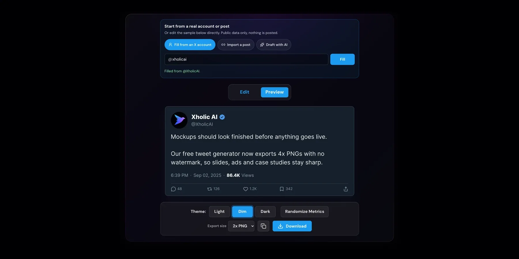 Xholic's Fake Tweet Generator showing a Dim-theme X post mockup filled from the @XholicAI profile, with theme and export controls below.