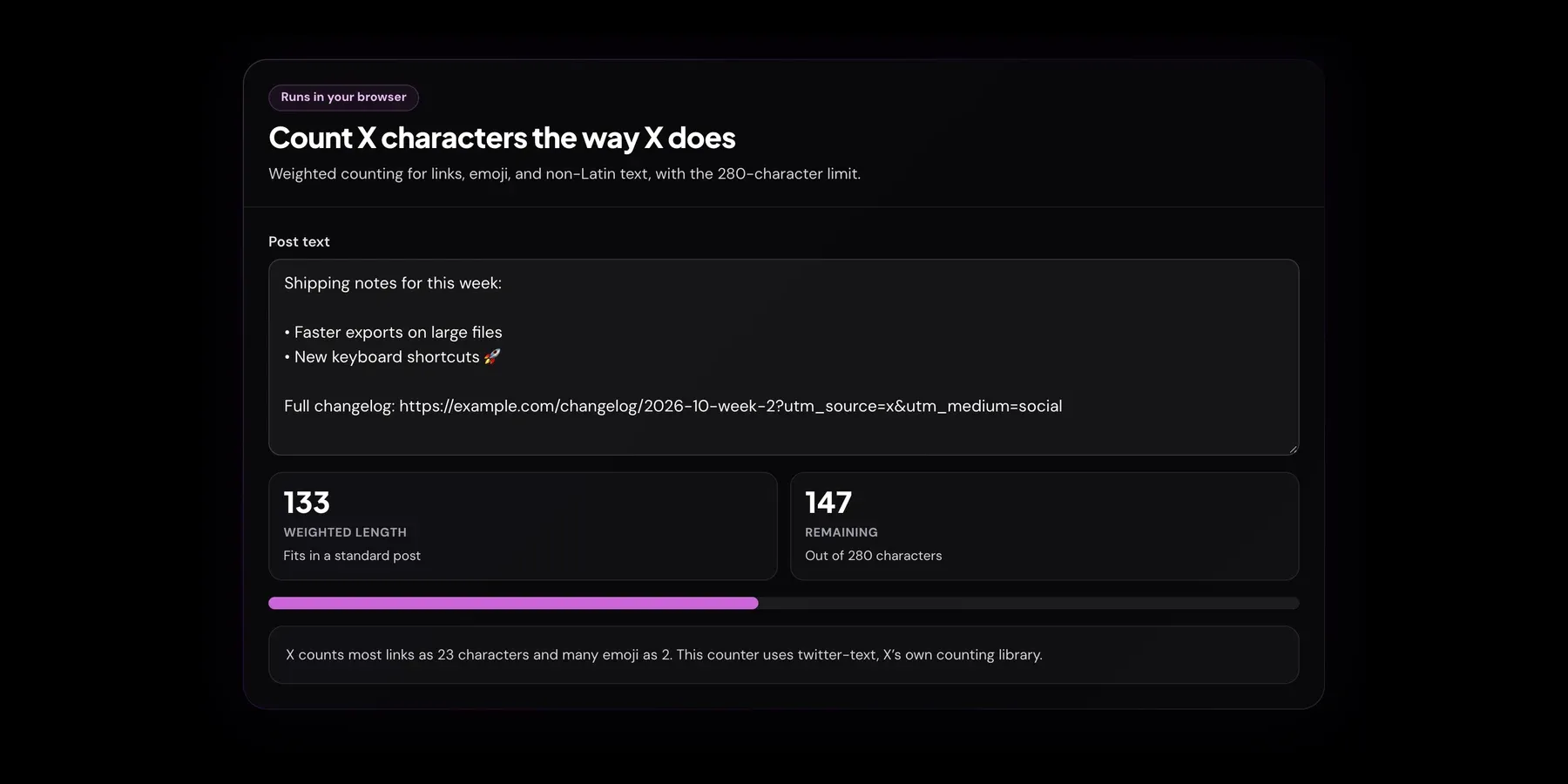 Xholic's Twitter Character Counter with a draft post containing bullet points, an emoji and a long tracking link, showing a weighted length of 133 and 147 characters remaining.