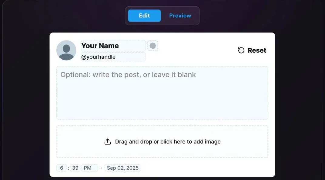The Blank Tweet Template in light theme: a tweet card with a placeholder avatar, "Your Name" and "@yourhandle", an empty body, metrics hidden, and the theme, export size and Download controls below.