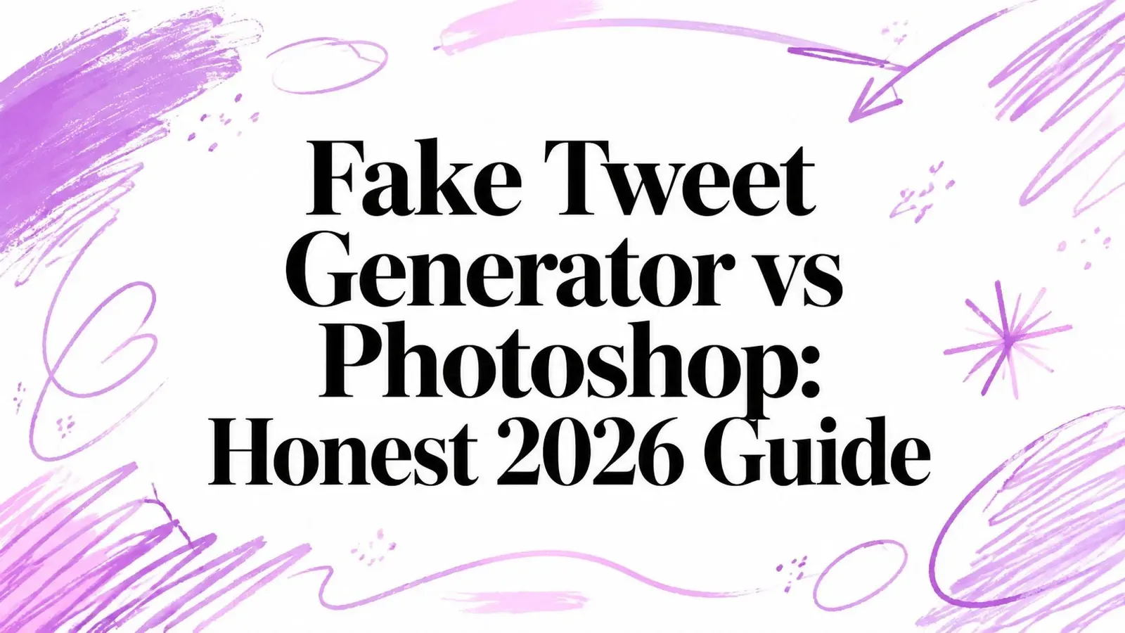 Fake Tweet Generator vs Photoshop: Honest 2026 Guide title with purple hand-drawn shapes.