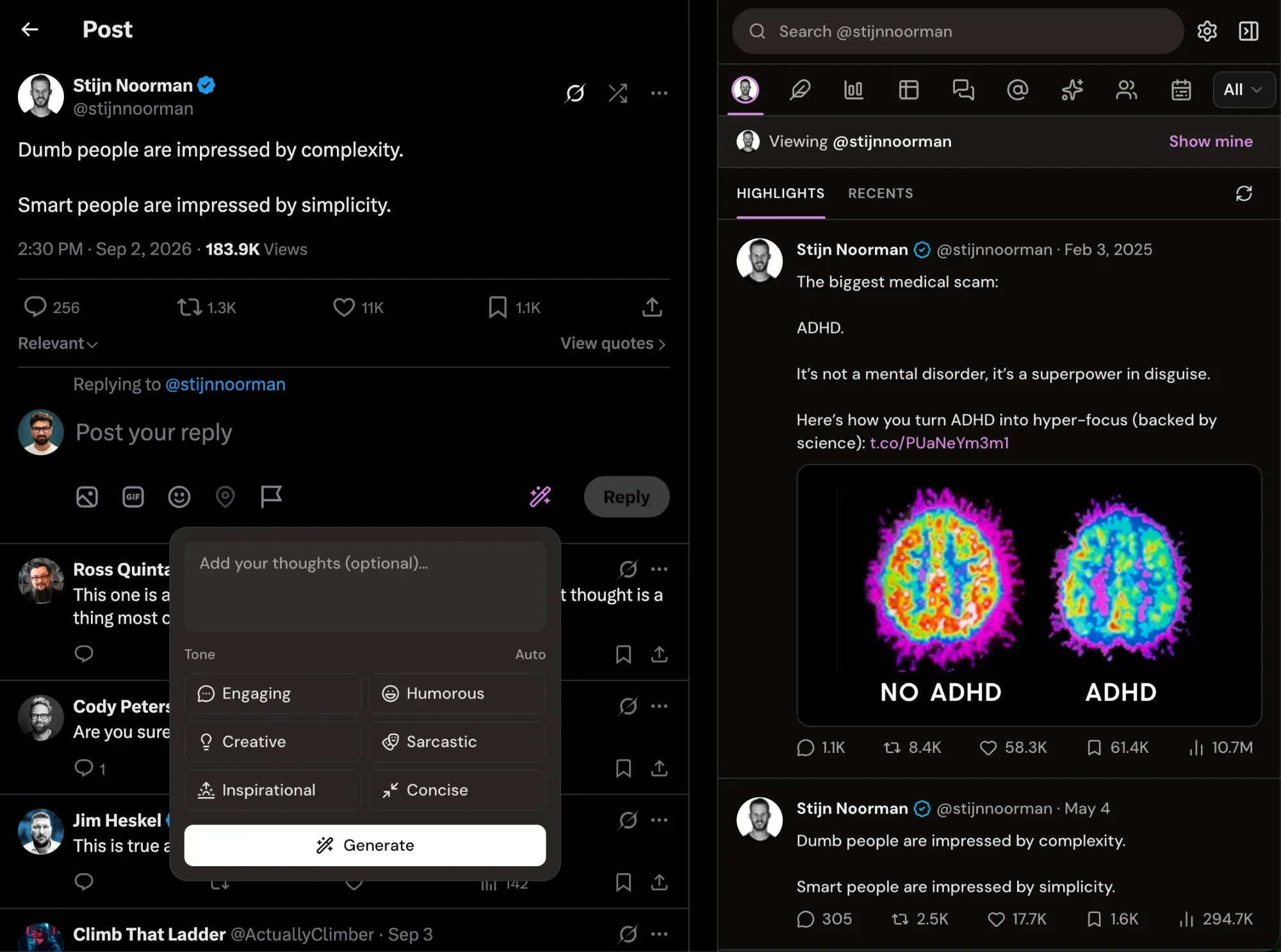 Xholic's reply wand inside an X reply box with tone options, next to the extension panel showing a creator's highlighted posts