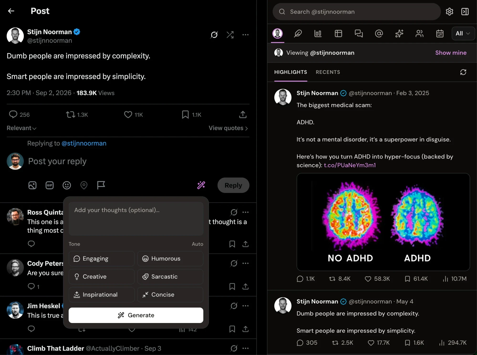 An X post with the Xholic reply wand open under the reply box and the Xholic panel showing the author's top posts in place of X's sidebar
