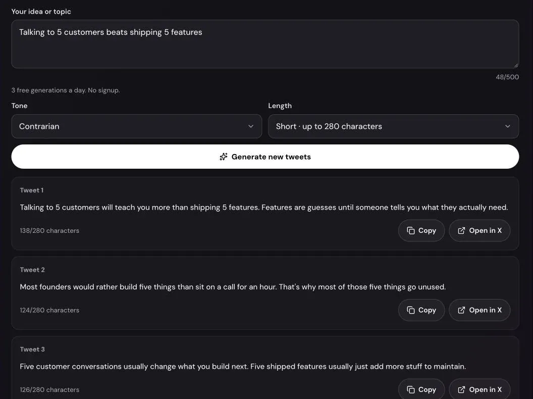 The AI Tweet Generator after one run: the idea "Talking to 5 customers beats shipping 5 features", Contrarian tone, Short length, and three tweets with character counts, Copy and Open in X.