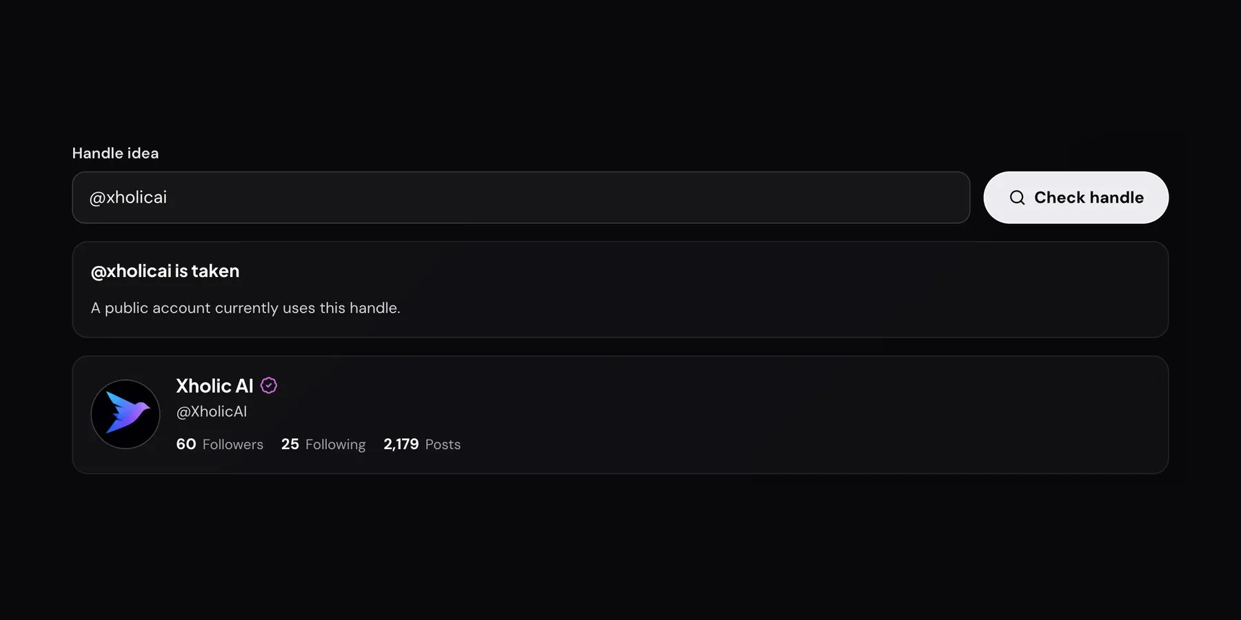 Xholic's username checker showing @xholicai is taken, with the Xholic AI profile card that currently uses the handle.