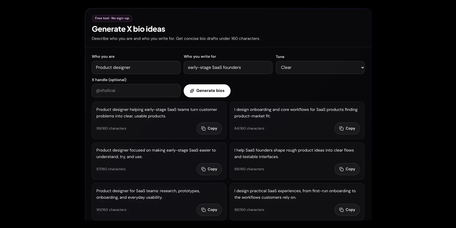 Xholic's Twitter Bio Generator with Product designer, early-stage SaaS founders and the Clear tone entered, above a grid of generated bio drafts, each showing its count out of 160 characters.