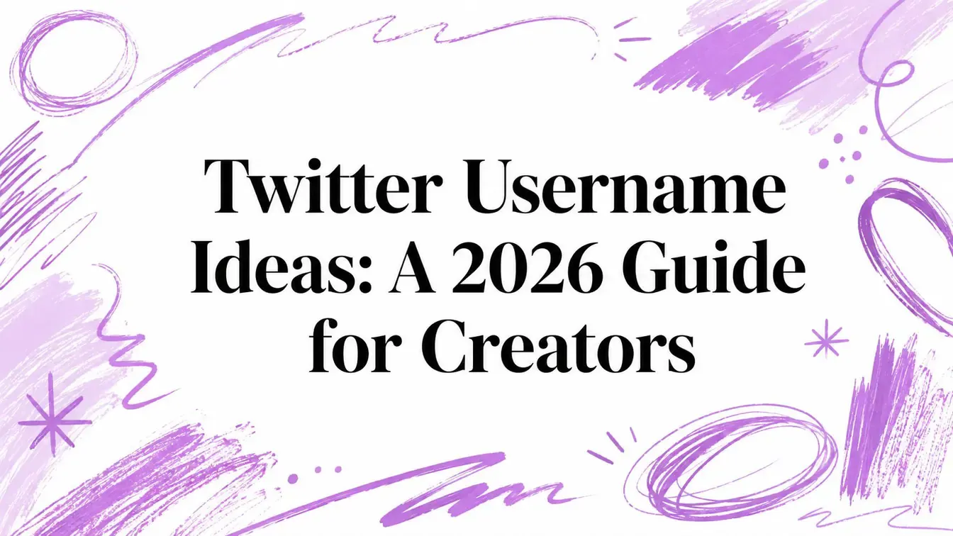 Twitter Username Ideas: A 2026 Guide for Creators title surrounded by purple hand-drawn accents.