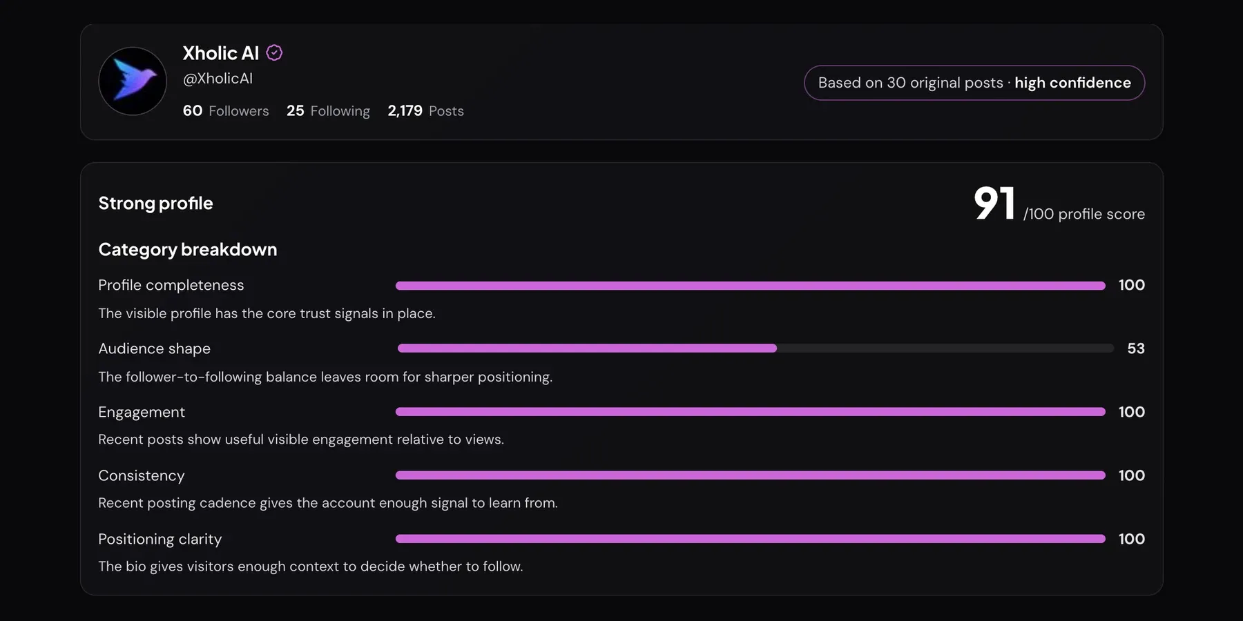 X Profile Audit result for @XholicAI: 91 out of 100, Strong profile, with 100 in four categories and 53 for audience shape, based on 30 original posts at high confidence.