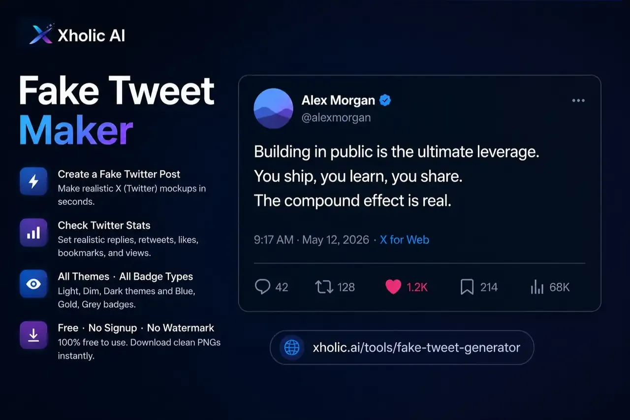 Xholic AI Fake Tweet Maker with realistic X mockup, Twitter stats, badge types, and free PNG export