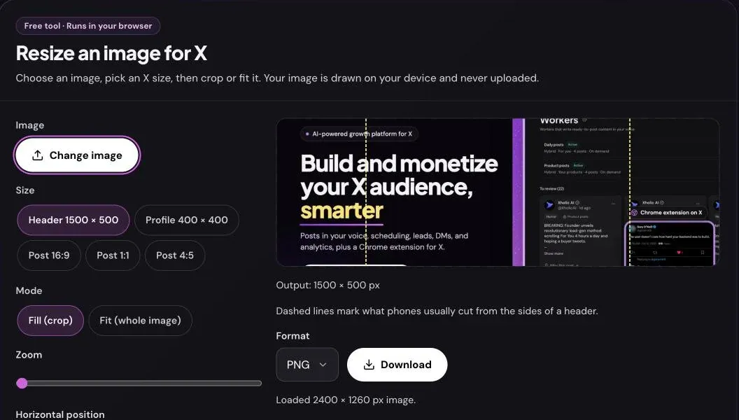 The Twitter image size resizer with the Header 1500 × 500 preset, a wide image loaded in Fill (crop) mode, dashed lines marking what phones cut from the sides, and the Download button.
